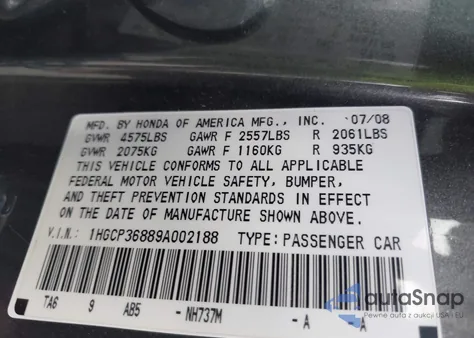 2009 Honda Accord Sdn 3.5 Ex-L/Ex-L z USA, uszkodzony, nr VIN 1HGCP36889A002188